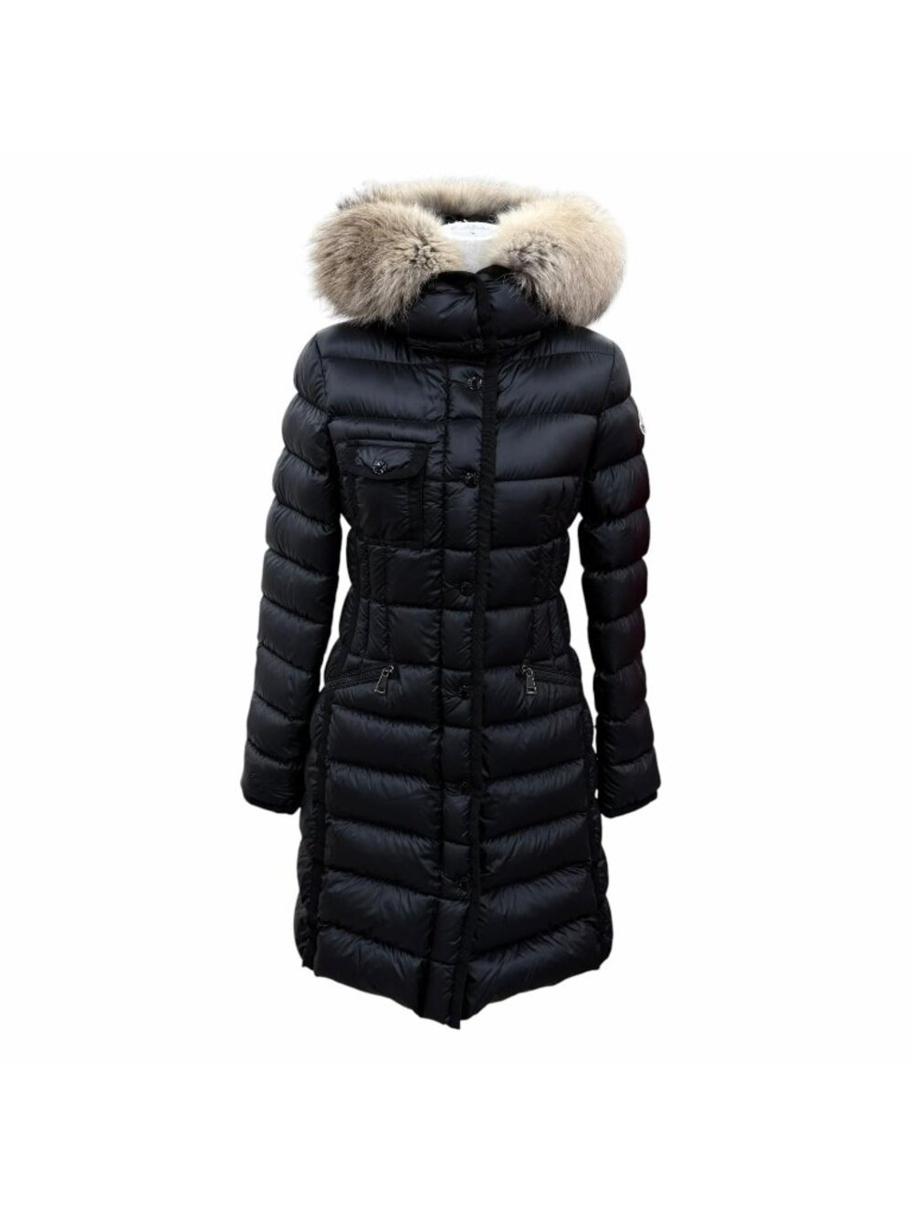Moncler Hermifur Fur Logo Patch Hooded Down Coat Black 00